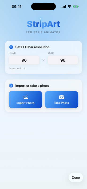 StripArt setup — set LED resolution and import a photo